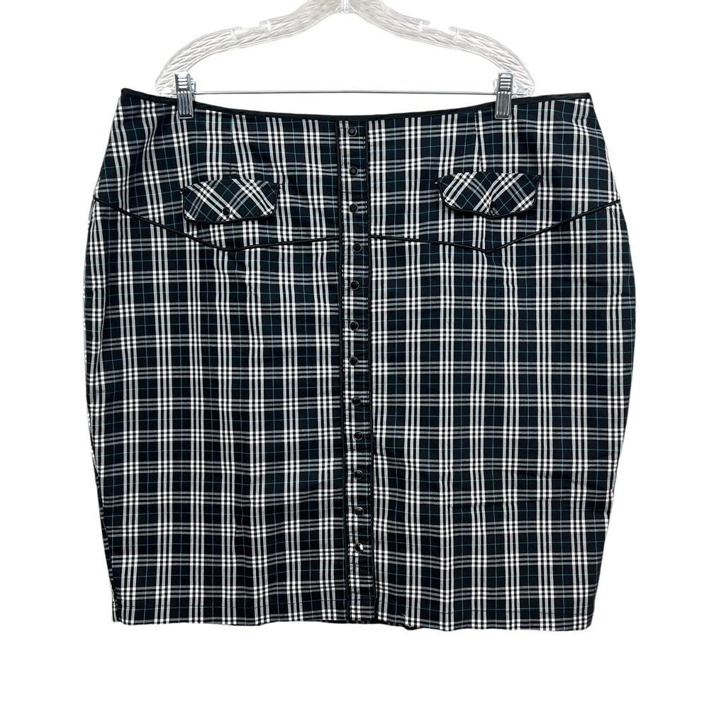 Miss Lili Women Plaid Skirt Flat Front Lined Faux Flap Pocket Black White Sz 20*